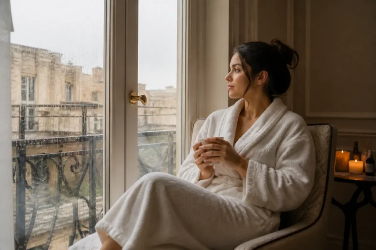 Editorial cover photograph about rainy day self-care in Malta