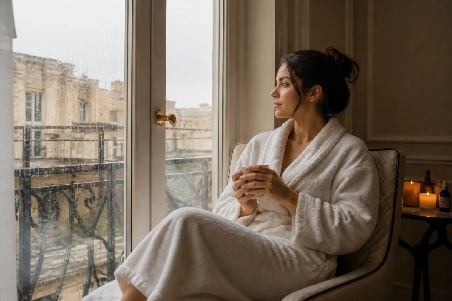 Editorial cover photograph about rainy day self-care in Malta