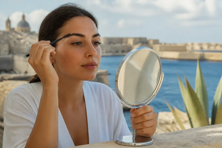 Editorial cover photograph about seasonal eyebrow care in Malta