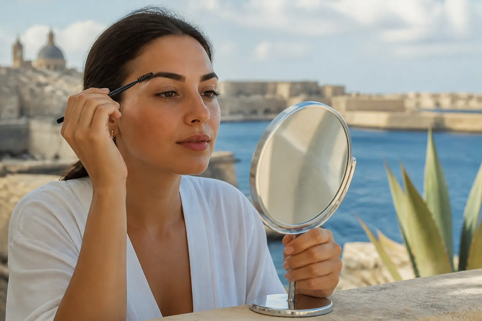 Editorial cover photograph about seasonal eyebrow care in Malta