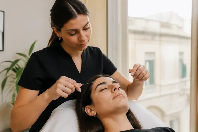 Editorial cover photograph about single-use thread eyebrow threading