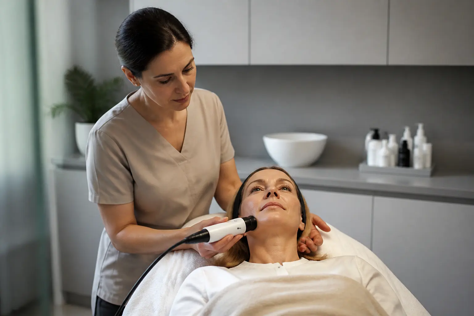 Editorial cover photograph about skin analysis before a facial