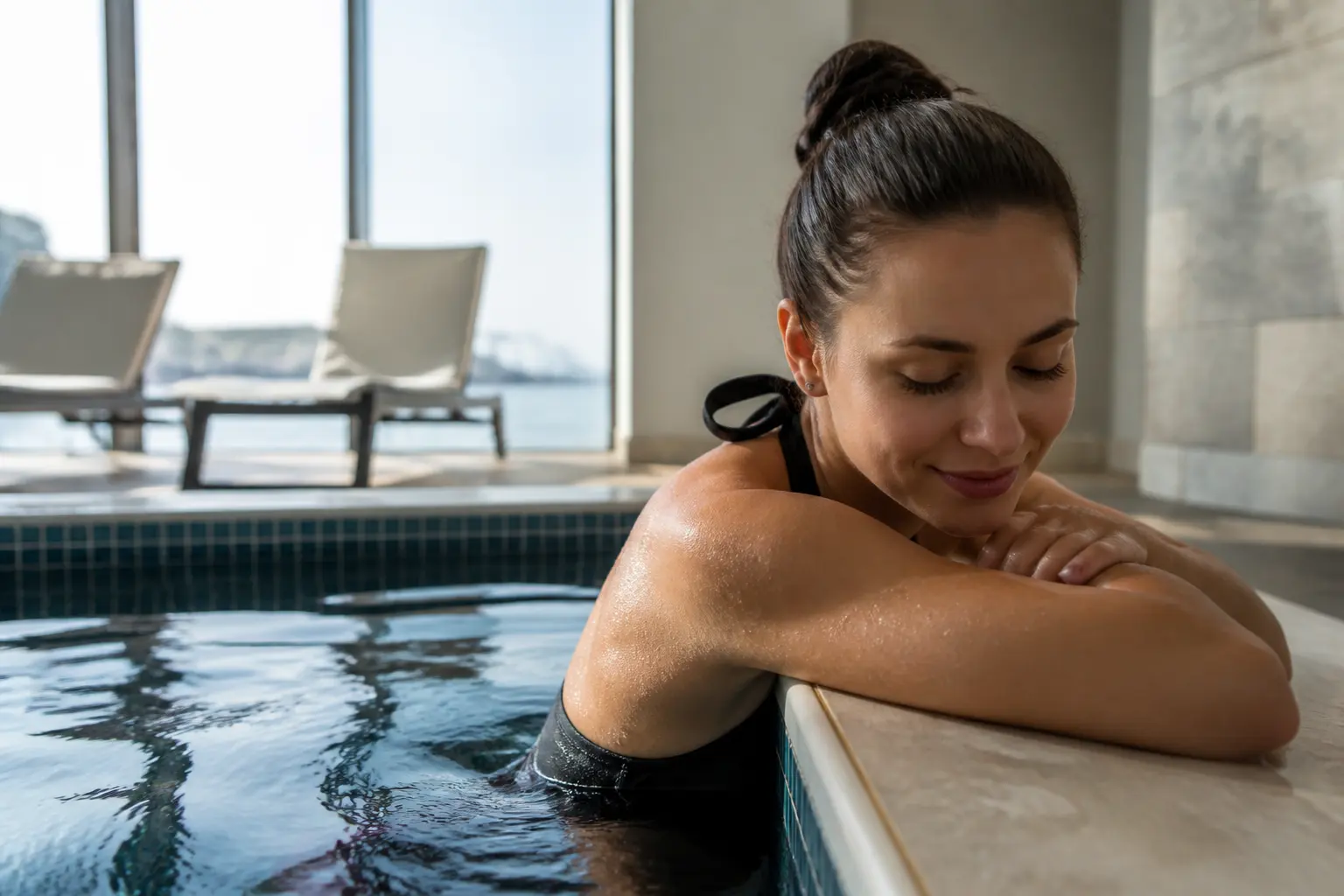 Supporting editorial photograph about swimming and sauna with lash extensions