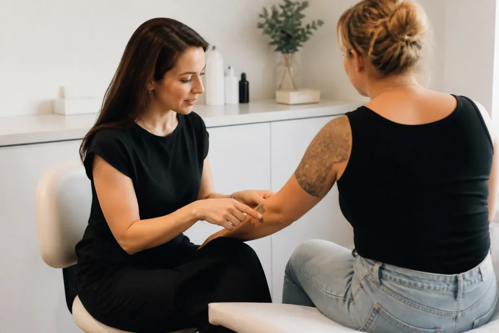 Editorial cover photograph about tattoo removal consultation