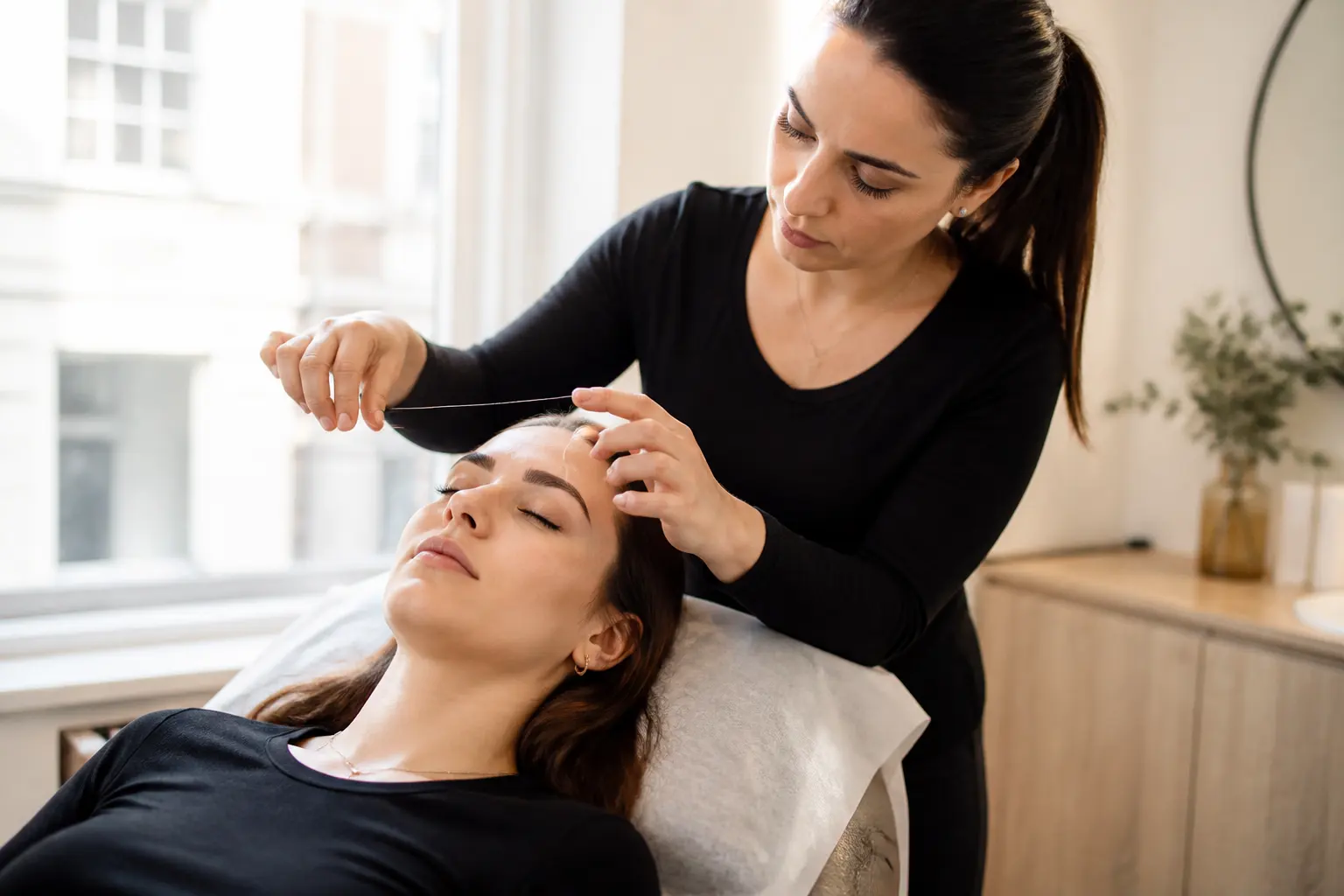 Editorial cover photograph about eyebrow threading and tint