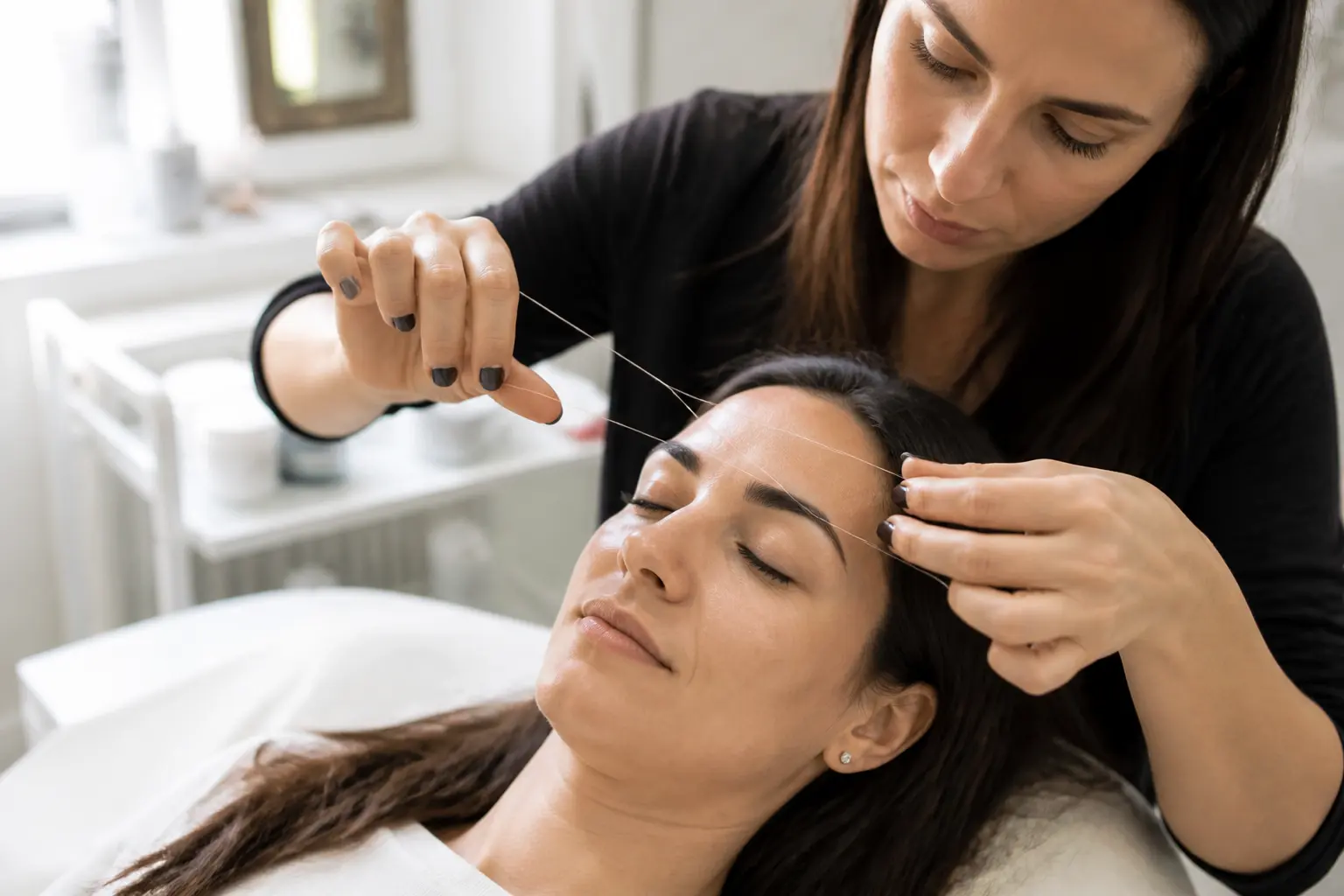 Editorial cover photograph about threading between microblading refreshes