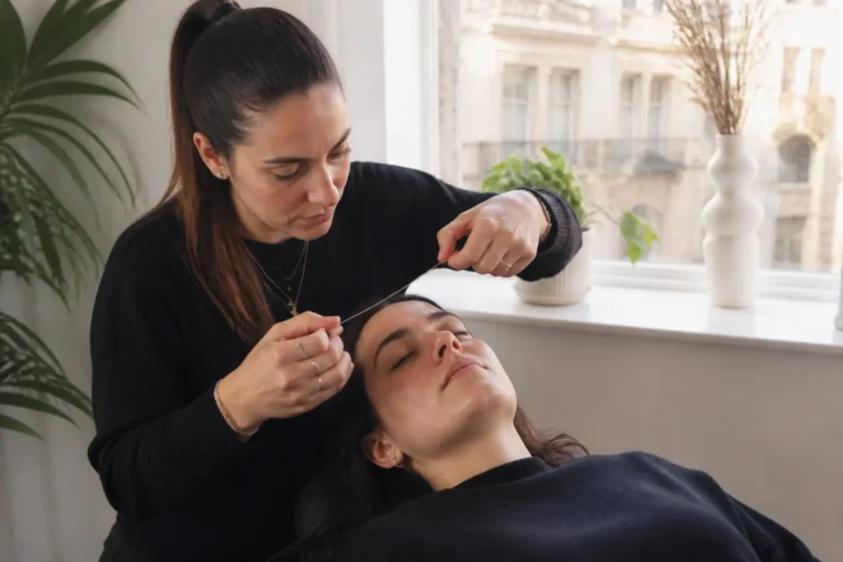 Editorial cover photograph about threading for different brow hair types