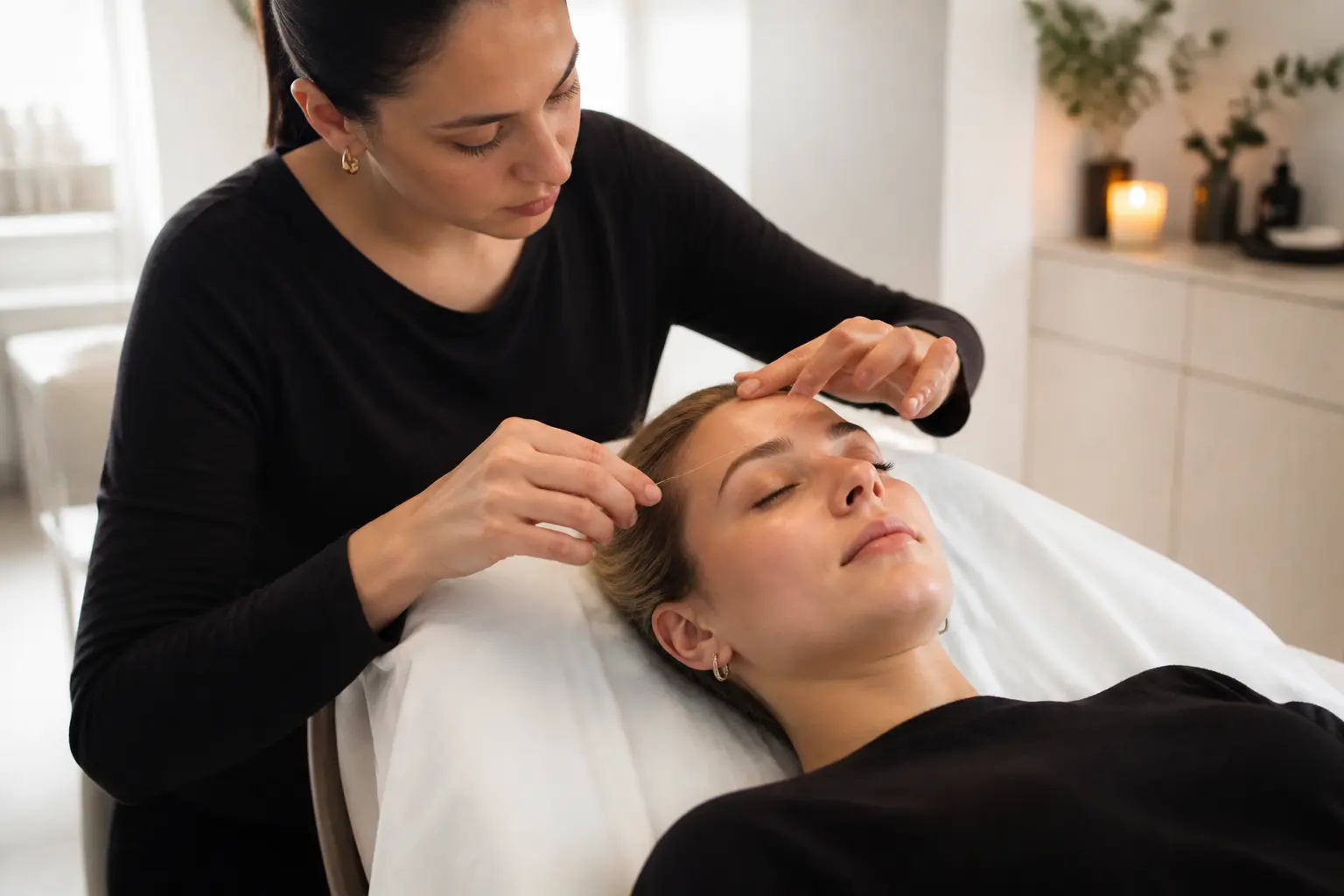 Editorial cover photograph about threading for fine eyebrows
