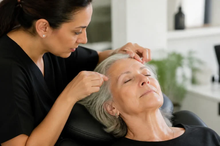 Editorial cover photograph about threading for mature brows