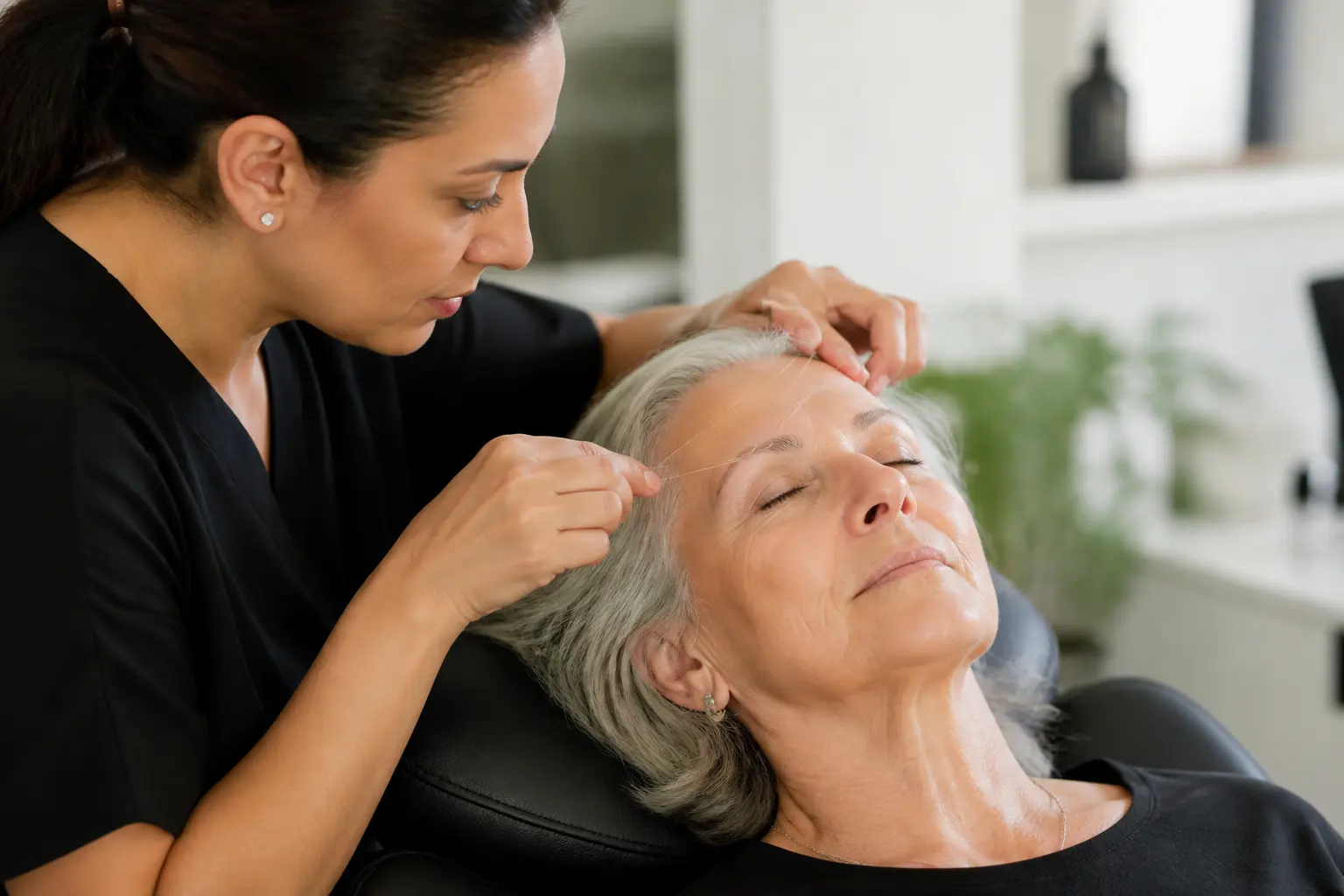 Editorial cover photograph about threading for mature brows