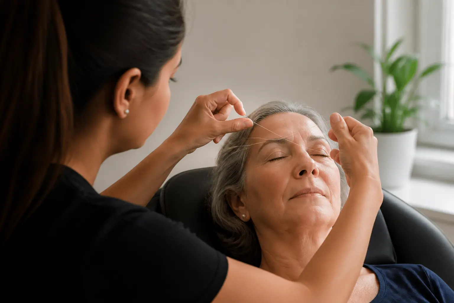 Supporting editorial photograph about threading for mature brows