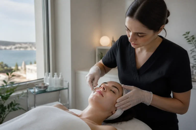 Editorial cover photograph about peach fuzz dermaplaning