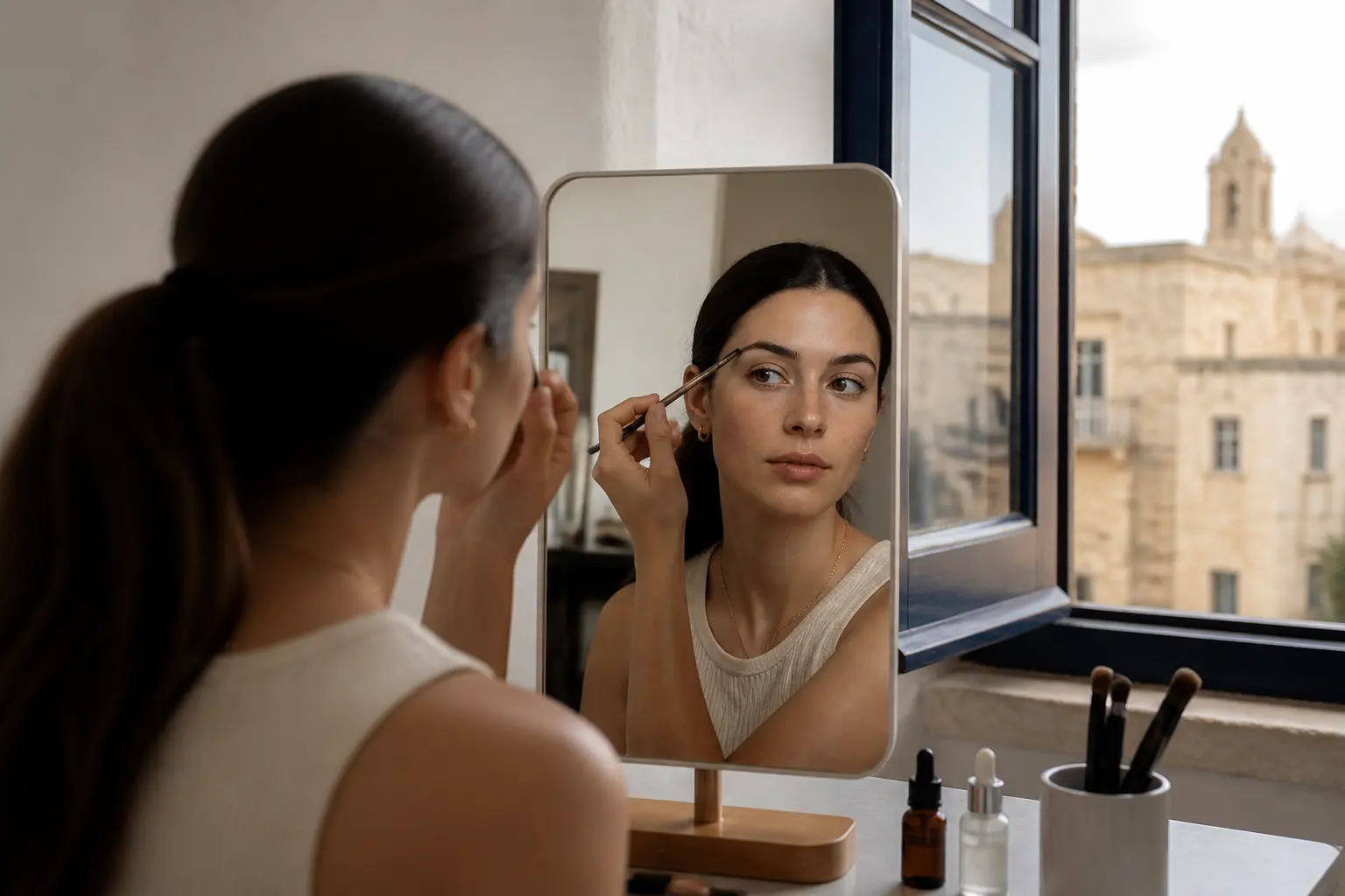 Supporting editorial photograph about why brow colour looks different in different lighting