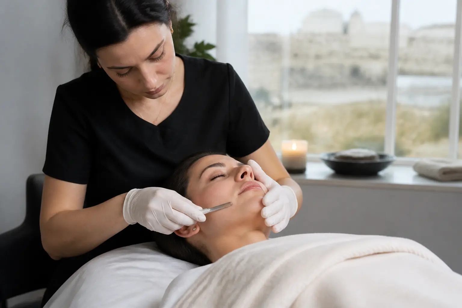 Supporting editorial photograph about dermaplaning before make-up application