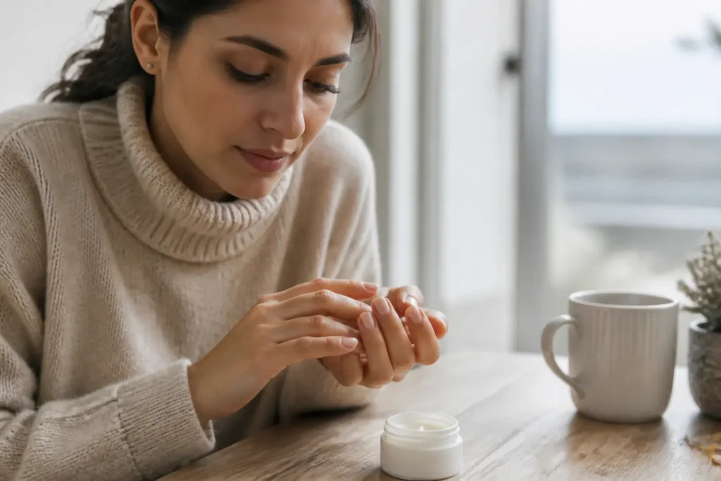 Editorial cover photograph about winter nail care for dry brittle nails